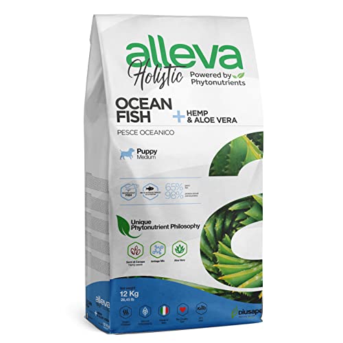 ALLEVA - Alleva Holistic Trockenfutter mit Fisch + Hanfsamen & Aloe Vera - Welpenfutter - Medium - Fein zubereitetes Trockenfutter ohne Getreide - Trockenfutter 12 kg - Beutel von Alleva