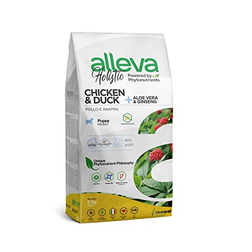 ALLEVA - Alleva Holistic Trockenfutter mit Huhn & Ente + Aloe Vera - Futter für Welpen/Junioren - Medium - Fein zubereitetes Trockenfutter ohne Getreide - Trockenfutter 2 kg-Beutel von Alleva