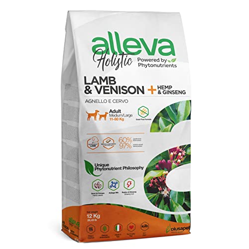 ALLEVA - Alleva Holistic Trockenfutter mit Lamm & Hirsch + Hanfsamen - Hundefutter - Medium/Maxi - Fein zubereitetes Trockenfutter ohne Getreide - Trockenfutter 12 kg - Beutel von Alleva