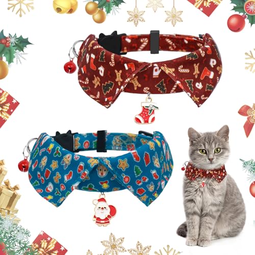 ALLONY Weihnachtliches Katzenhalsband, Weihnachts-Fliege für Hunde, verstellbare Weihnachts-Haustier-Fliege, rotes Hundehalsband mit Glöckchen für Katzen und kleine Hunde, 2 Stück von Allony