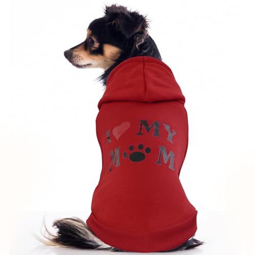 Love Mom Hunde-Kapuzenpullover, Fleece, für kleine und mittelgroße Hunde, warmer Hundepullover, Winterkleidung, niedliche, mittelgroße Katzenbekleidung, Welpenpullover, Hundemantel, Rot, Größe XS von Allroaring