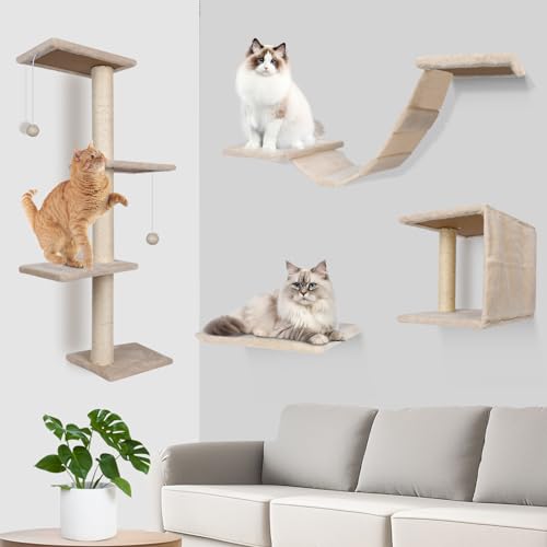 Almcmy Katzen-Wandmöbel, 4-teiliges Wand-Kletter-Set, Katzenbaum mit Kratzbaum, Katzenhaus, Brücke, schwimmende Katzen-Sitzstange, moderne Katzen-Wandregale für Katzen, schlafen, spielen, Klettern, von Almcmy