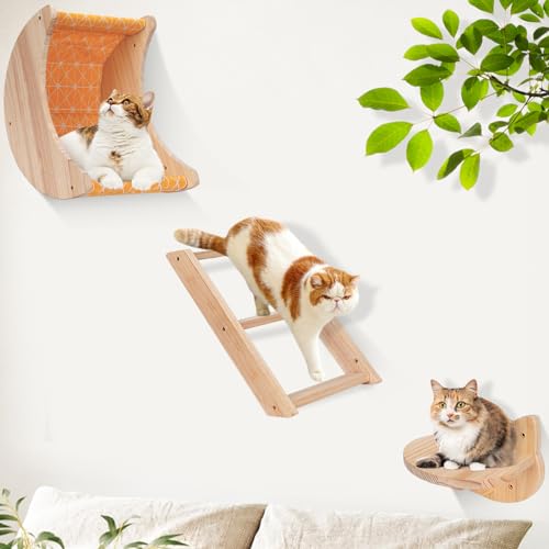 Almcmy Katzen-Wandregale, 3 Stück hölzerne Katzenwandmöbel, Mond Katzen-Hängematte mit 3 Stufen, Katzen-Sitzstange schwimmendes Katzenkletter-Set, hält bis zu 15 kg, wandmontierte Kletterregale für von Almcmy