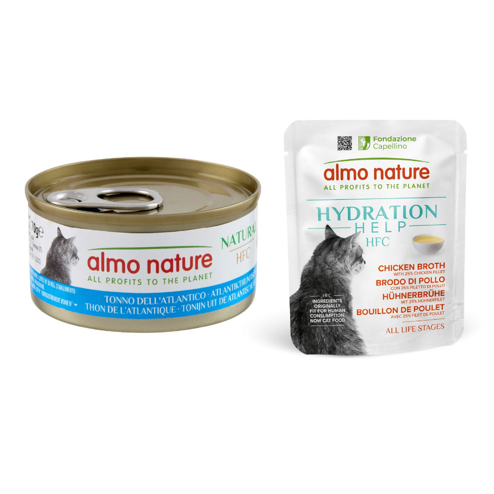 12 x 70 g Almo Nature HFC Natural + 6 x 50 g Hydration Help gratis! - Atlantikthunfisch + Hühnerbrühe mit Hühnerfilet 12 x 70 g Almo Nature HFC Natural + 6 x 50 g Hydration Help gratis! - Atlantikthunfisch + Hühnerbrühe mit Hühnerfilet von Almo Nature 70g