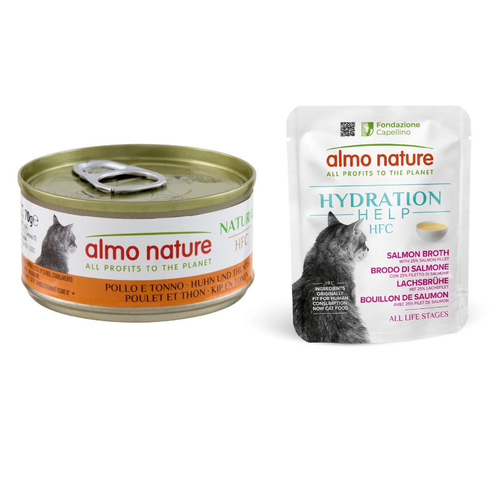 12 x 70 g Almo Nature HFC Natural + 6 x 50 g Hydration Help gratis! - Huhn & Thunfisch + Lachsbrühe mit Lachsfilet 12 x 70 g Almo Nature HFC Natural + 6 x 50 g Hydration Help gratis! - Huhn & Thunfisch + Lachsbrühe mit Lachsfilet von Almo Nature 70g