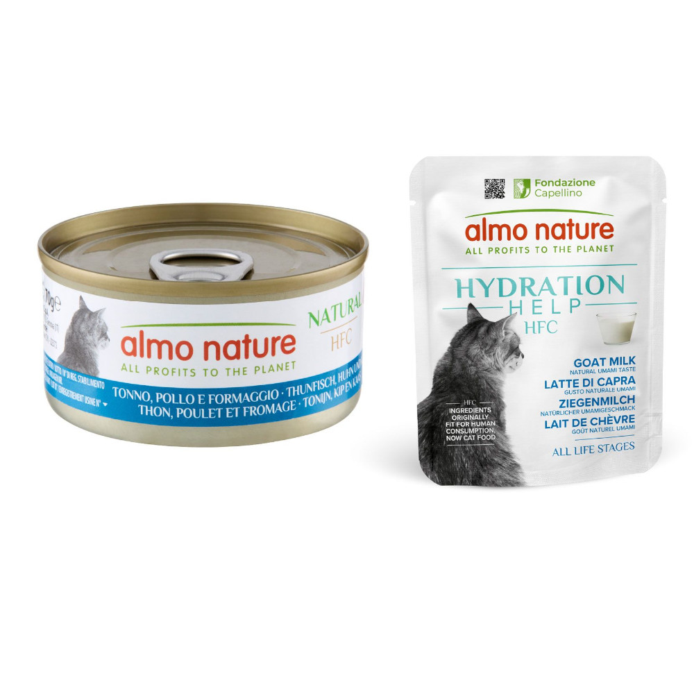 12 x 70 g Almo Nature HFC Natural + 6 x 50 g Hydration Help gratis! - Thunfisch, Huhn & Käse + Ziegenmilch 12 x 70 g Almo Nature HFC Natural + 6 x 50 g Hydration Help gratis! - Thunfisch, Huhn & Käse + Ziegenmilch von Almo Nature 70g