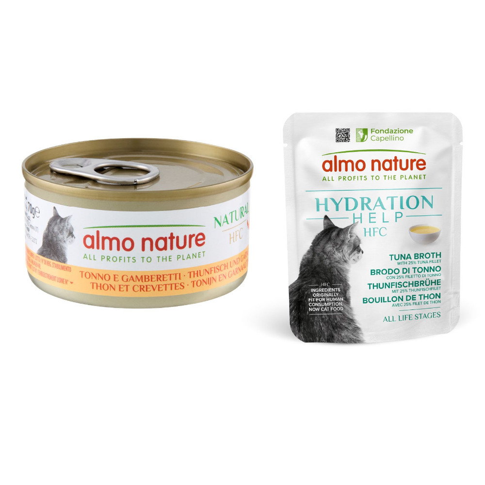 12 x 70 g Almo Nature HFC Natural + 6 x 50 g Hydration Help gratis! - Thunfisch und Garnelen + Thunfischbrühe mit Thunfischfilet 12 x 70 g Almo Nature HFC Natural + 6 x 50 g Hydration Help gratis! - Thunfisch und Garnelen + Thunfischbrühe mit Thunfischfilet von Almo Nature 70g