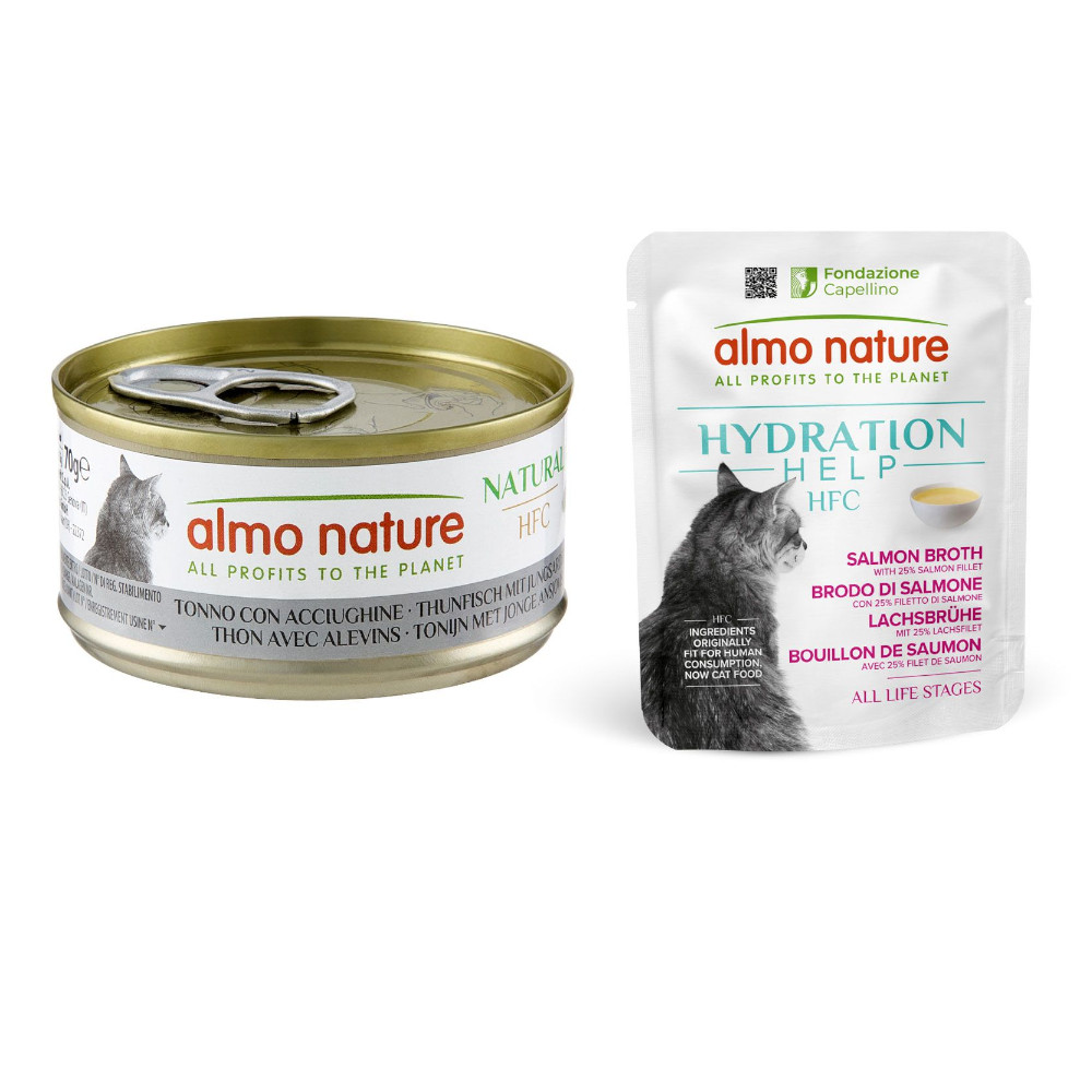 12 x 70 g Almo Nature HFC Natural + 6 x 50 g Hydration Help gratis! - Thunfisch & Jungsardelle + Lachsbrühe mit Lachsfilet 12 x 70 g Almo Nature HFC Natural + 6 x 50 g Hydration Help gratis! - Thunfisch & Jungsardelle + Lachsbrühe mit Lachsfilet von Almo Nature 70g