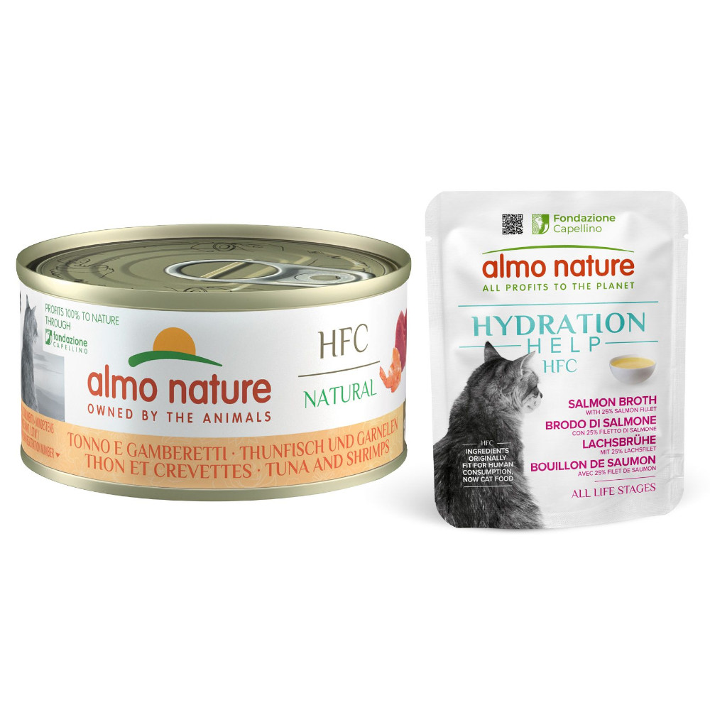 6 x 70 g Almo Nature HFC Natural + 6 x 50 g Hydration Help zum Sonderpreis! - Thunfisch und Garnelen + Lachsbrühe mit Lachsfilet 6 x 70 g Almo Nature HFC Natural + 6 x 50 g Hydration Help zum Sonderpreis! - Thunfisch und Garnelen + Lachsbrühe mit Lachsfilet von Almo Nature 70g