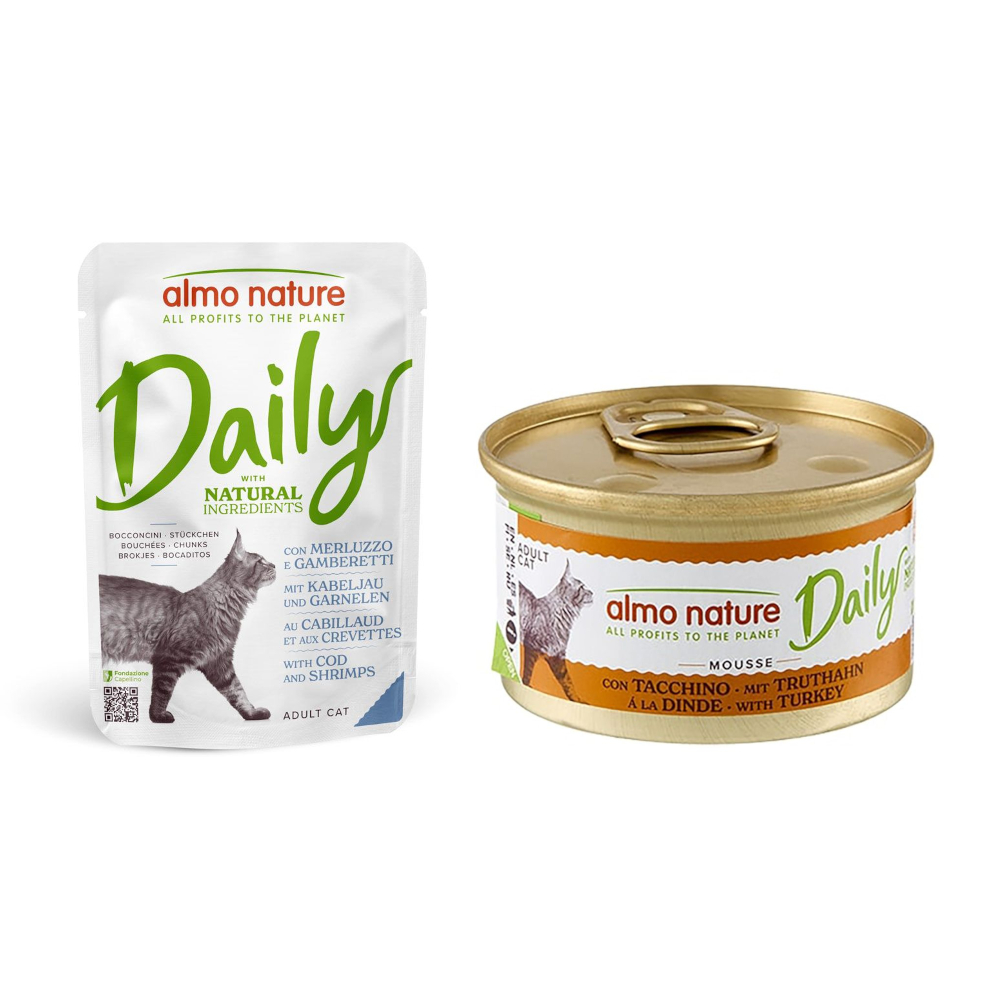 6 x 70 g Almo Nature Daily Menu Pouches + 6 x 85 g Dosen zum Sonderpreis! - 6 x 70 g Kabeljau und Garnelen + 6 x 85 g Mousse mit Truthahn 6 x 70 g Almo Nature Daily Menu Pouches + 6 x 85 g Dosen zum Sonderpreis! - 6 x 70 g Kabeljau und Garnelen + 6 x 85 g Mousse mit Truthahn von Almo Nature Daily