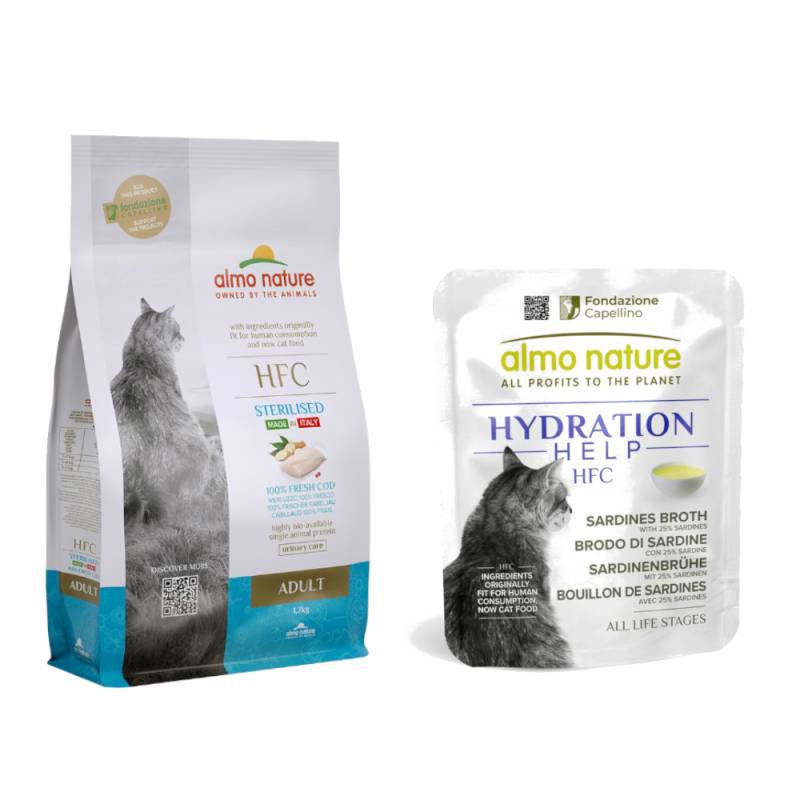 1,2 kg Almo Nature HFC + 6 x 50 g Hydration Help gratis! - Adult Sterilized Kabeljau + Sardine von Almo Nature HFC