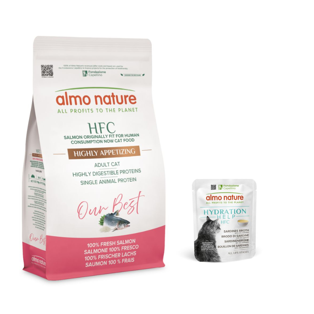 1,2 kg Almo Nature HFC + 6 x 50 g passendes Nassfutter gratis! - Our Best Highly Appetizing Salmon + 6 x 50 g Sardinenbrühe mit Sardinen 1,2 kg Almo Nature HFC + 6 x 50 g passendes Nassfutter gratis! - Our Best Highly Appetizing Salmon + 6 x 50 g Sardinenbrühe mit Sardinen von Almo Nature HFC