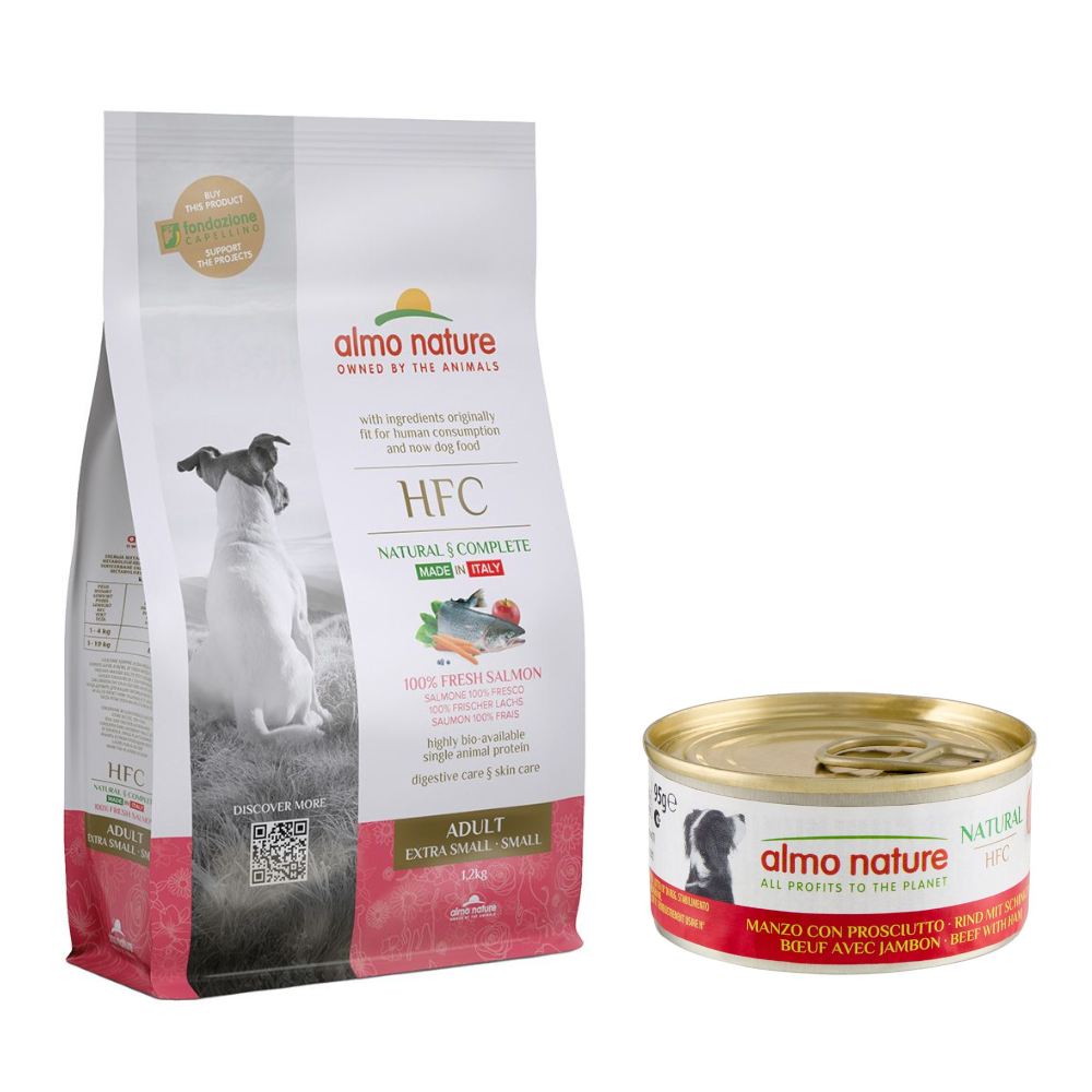 1,2 kg Almo Nature HFC Adult XS-S + 12 x 95 g Nassfutter zum Sonderpreis! - Lachs + Rind mit Schinken 1,2 kg Almo Nature HFC Adult XS-S + 12 x 95 g Nassfutter zum Sonderpreis! - Lachs + Rind mit Schinken von Almo Nature HFC