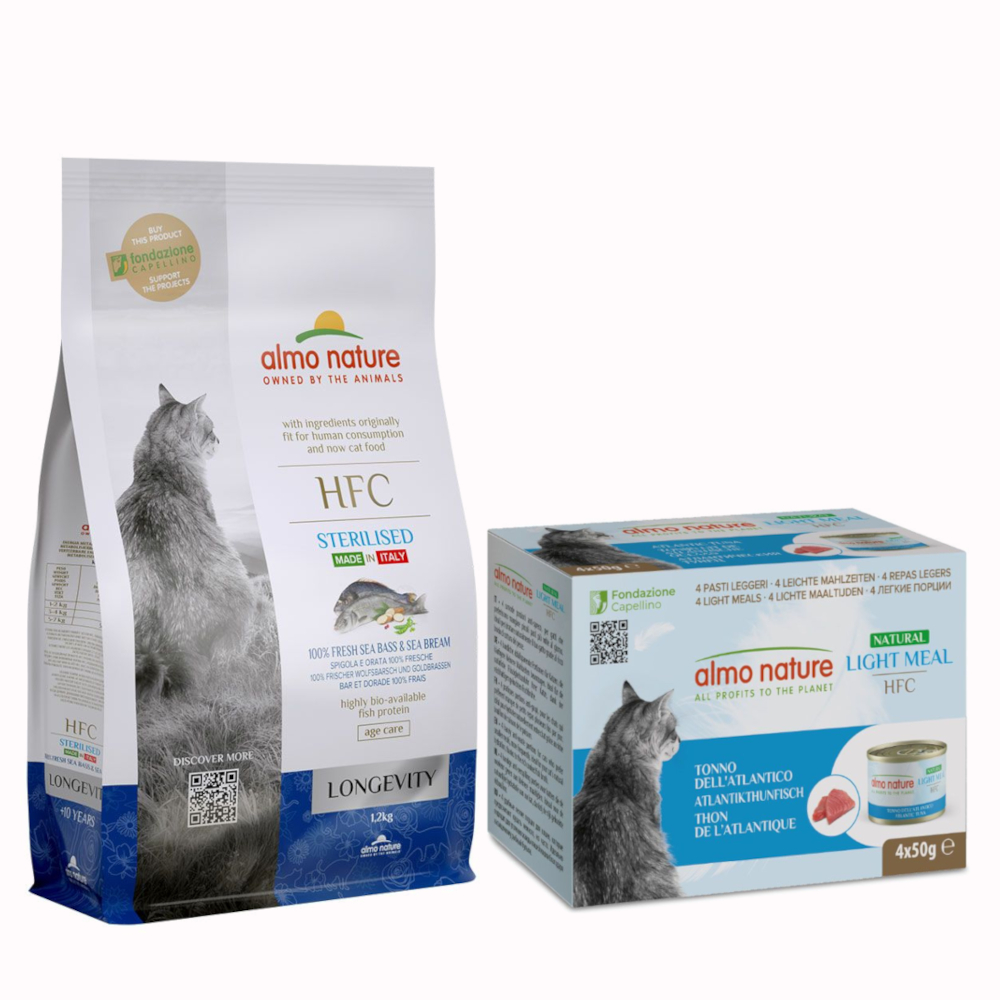 1,2 kg Almo Nature HFC Longevity Sterilized + 4 x 50 g passendes Nassfutter gratis! - Wolfsbarsch & Goldbrasse + Atlantikthunfisch 1,2 kg Almo Nature HFC Longevity Sterilized + 4 x 50 g passendes Nassfutter gratis! - Wolfsbarsch & Goldbrasse + Atlantikthunfisch von Almo Nature HFC