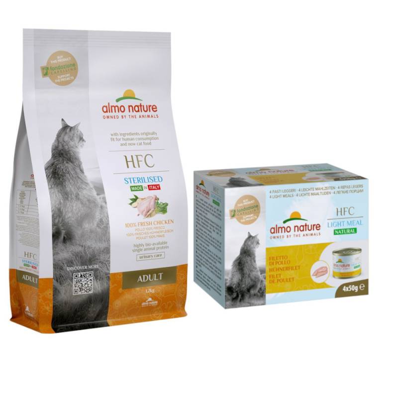 1,2 kg Almo Nature HFC Sterilized Huhn + 4 x 50 g Natural Light Hühnerfilet gratis! - Adult Sterilized Huhn + Hühnerfilet von Almo Nature HFC
