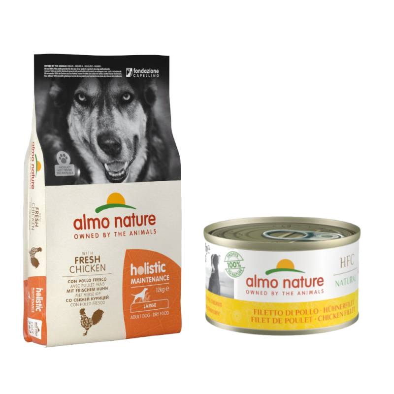 12 kg Almo Nature Holistic Adult Large + 6 x 95 g passendes Nassfutter gratis! - Huhn & Reis + Hühnerfilet von Almo Nature Holistic