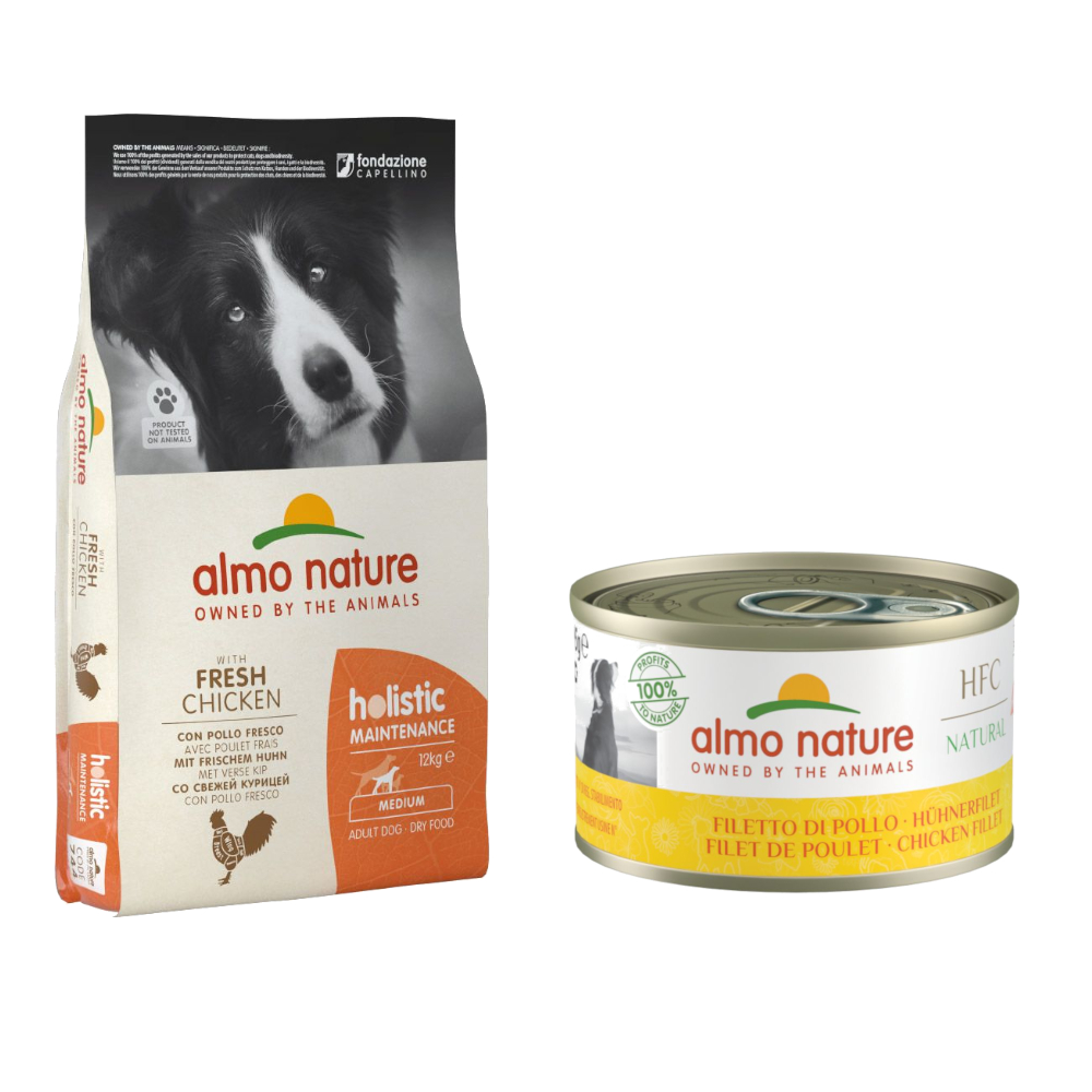 12 kg Almo Nature Holistic Adult Medium + 6 x 95 g passendes Nassfutter gratis! - Huhn & Reis + Hühnerfilet von Almo Nature Holistic