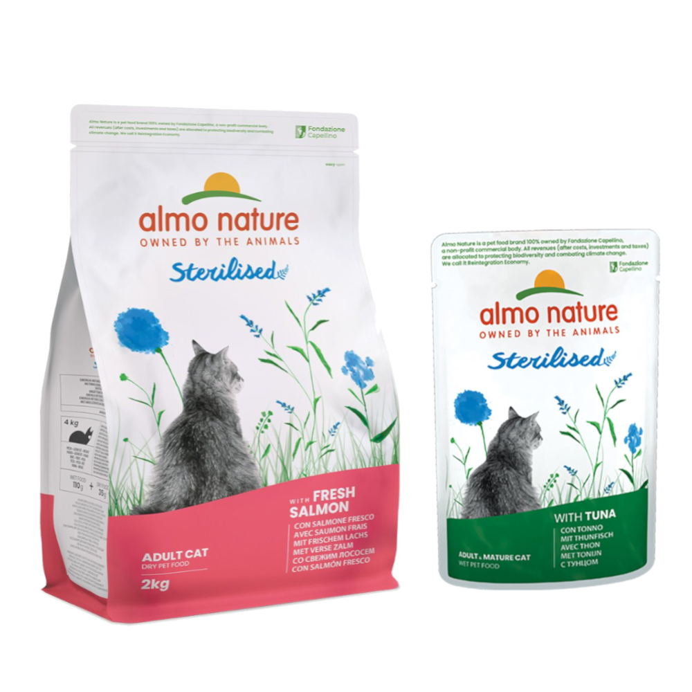 2 kg Almo Nature Holistic Sterilised + 6 x 70 g Nassfutter mit Thunfisch gratis! - Lachs & Reis von Almo Nature Holistic