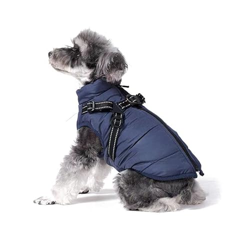 Almpuxee Furry King Hunde-Wintermantel mit Geschirr, Hundejacke für kleine und mittelgroße Hunde, wasserdichte und winddichte Hunde-Schneejacke (Größe M, Blau) von Almpuxee