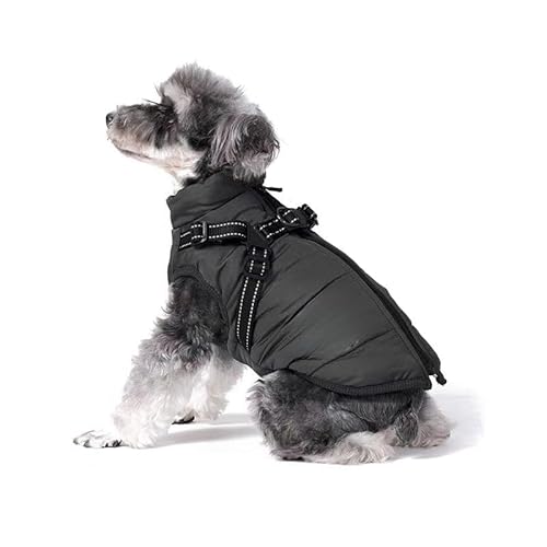 Almpuxee Furry King Hunde-Wintermantel mit Geschirr, Hundejacke für kleine und mittelgroße Hunde, wasserdichte und winddichte Hunde-Schneejacke (Größe M, Schwarz) von Almpuxee