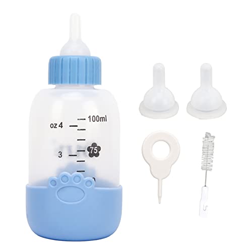 100 Ml Haustier-Stillflasche mit Universeller Pfotenmuster-Silikonabdeckung, Flaschenbürste, Nadel und 3 Nippeln, Geeignet (Blue) von Alomejor