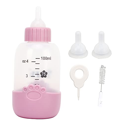 100 Ml Haustier-Stillflasche mit Universeller Pfotenmuster-Silikonabdeckung, Flaschenbürste, Nadel und 3 Nippeln, Geeignet (PINK) von Alomejor