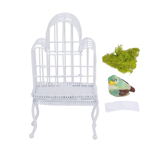 Alomejor Miniatur-Vogelkäfig, Puppenhaus-Dekoration mit Kunstgras, Mini-Vogel-Aufkleber, Arrangiert für Puppenhaus-Sammlungen und Dekoration Im Maßstab 1:12 (White) von Alomejor