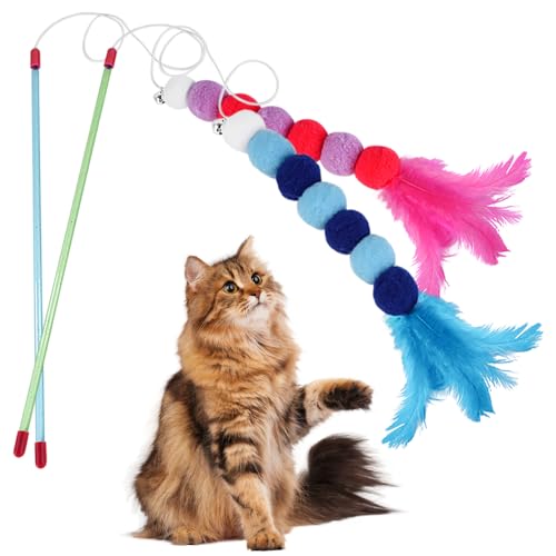 Alovez Katzen-Federspielzeug, Katzenstab-Spielzeug mit Glocke und Plüschbällen, bunt, interaktives Kätzchen-Spielzeug für Katzen, Indoor-Spieltraining, Training (blau + rot) von Alovez