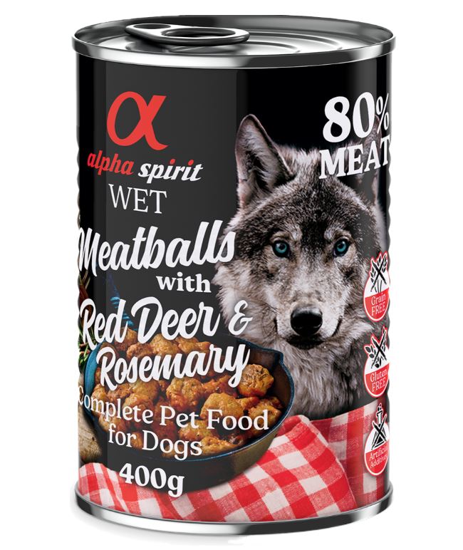 4 + 2 gratis! 6 x 400 g alpha spirit Dog Meatballs - Rothirsch & Rosmarin von Alpha Spirit