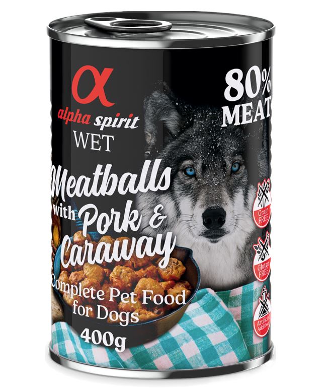 4 + 2 gratis! 6 x 400 g alpha spirit Dog Meatballs - Schwein & Kümmel von Alpha Spirit