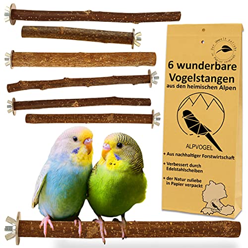 6 Natur Sitzstangen: für Wellensittich, Kanarienvogel, Nymphensittich... VERBESSERT: Edelstahl Scheiben & plastikfrei verpackt! DAS ORIGINAL: gewachsen, von Hand geschnitten in den heimischen Alpen! von Alpvogel