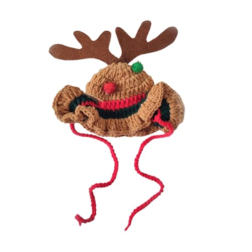 Altsuceser Einfach zu tragende Haustiermütze, bequeme Kopfbedeckung, handgestrickt, Katzen-Schnürung, Weihnachtsbaum, Rentier, Stern für Kätzchen, Welpen, niedliches Verkleidungszubehör, Braun von Altsuceser