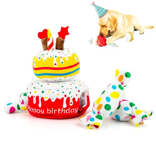 AlvPhui Hund Geburtstag Spielzeug, Hund Geburtstag Kuchen Spielzeug, Hund Geburtstagsgeschenke, Quietschendes Plüsch Geburtstag Hundespielzeug für Kleine Mittlere und Große Hunde von AlvPhui