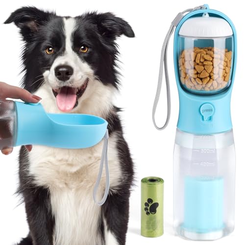 Alyvisun Hunde-Wasserflasche mit Futterbehälter und Kotbeutel, 600 ml, tragbarer Welpen-Wasserspender zum Spazierengehen, Outdoor-Trinkbecher für Haustiere, Wandern, Reisen von Alyvisun