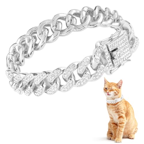 Amabro Diamant Katzenkettenhalsband, kubanische Glieder Hundehalsband aus Metall mit sicherer Schnalle Katzen Haustier Halskette Kette Schmuckzubehör für kleine mittelgroße Hunde Katzen 20 cm(Silber) von Amabro