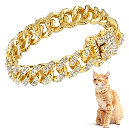 Amabro Diamant Katzenkettenhalsband, kubanische Glieder Hundehalsband aus Metall mit sicherer Schnalle Katzen Haustier Halskette Kette Schmuckzubehör für kleine mittelgroße Hunde Katzen 20 cm(Gold) von Amabro