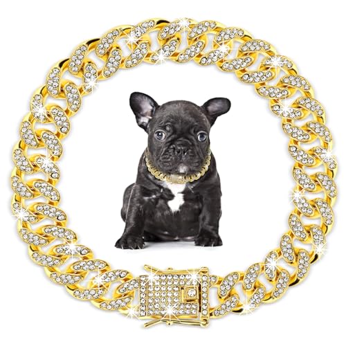 Amabro Strass-Hundekettenhalsband, verstellbares kubanisches Glieder-Hundehalsband mit sicherem Schnallendesign, Metall-Katzenkette, Halskette, Haustierhalsband, Schmuckzubehör(Gold) von Amabro