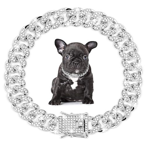 Amabro Strass-Hundekettenhalsband, verstellbares kubanisches Glieder-Hundehalsband mit sicherem Schnallendesign, Metall-Katzenkette, Halskette, Haustierhalsband, Schmuckzubehör(Silver) von Amabro