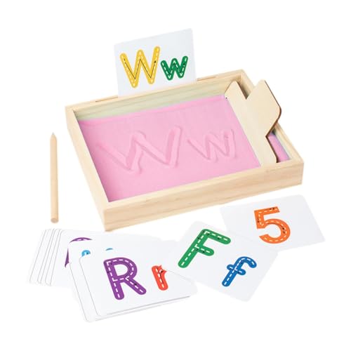 Amagogo Tiefes Sandschreibtablett aus Holz und Holzstift mit 26 Buchstabenkarten und 10 Zahlenkarten, zum Zeichnen von Kindern, ROSA von Amagogo