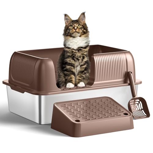 Enclosed Stainless Steel Cat Litter Box with Lid Extra Large Litter Box for Big Cats Metal Litter Pan Tray with High Wall Sides Enclosure, Non-Sticky, Anti-Leakage, Easy Cleaning (Brown) von Amai keto