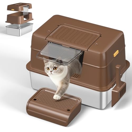 Katzentoilette aus Edelstahl, extra große Katzentoilette mit Deckel für große Katzen, Metall-Katzentoilette mit Schaufel, kein Geruch, nicht klebrig, auslaufsicher (geschlossen, abnehmbar, braun) von Amai keto