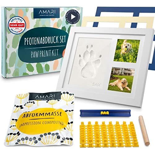 Amari® Pfotenabdruck Set – Abdruckset für Tiere mit Buchstaben, Zahlen und Bilderrahmen – Pfotenabdruck Set Hunde Pfotenabdruck Set Katze Geschenk für Hundebesitzer Erinnerung Hund Bilderrahmen von Amari