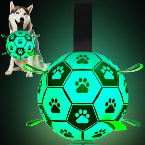 Hundespielzeug, leuchtet im Dunkeln, 20,3 cm, verbesserter 2.0, Hunde-Fußball mit Riemen, interaktive leuchtende Hundebälle, Weltmeisterschaft, Hundefußball, Outdoor-Hundespielzeug für mittelgroße und von Amasiver