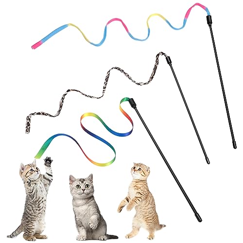 Amaxiu Cat Wand Toy Set, Interaktive Katze Wand Spielzeug mit Regenbogen Ribbon String Rainbow Cloth String Leopard Print Cloth String für kleine Katzen Kätzchen Indoor Training (3 Stück) von Amaxiu