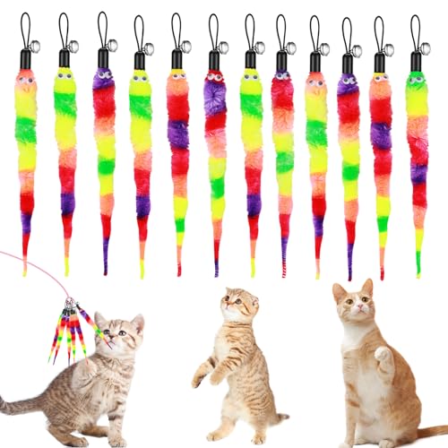 Amaxiu Katzenspielzeug, 12 Stück, Regenbogen-Katzenwurm-Spielzeug, Ersatz-Zauberstab-Spielzeug, Ersatz-Federspielzeug, interaktives, flauschiges Würmer-Spielzeug mit Glocken für von Amaxiu
