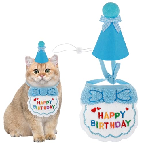 Amaxiu Niedliche Katze Geburtstag Schal Hut Set, Kleine Haustier Bestickt Bandana Happy Birthday Dekorationen Welpen Geburtstag Party Supplies Kätzchen Geburtstag Bandana für Mädchen Jungen von Amaxiu