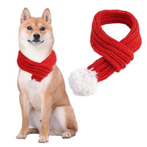 Amaxiu Weihnachtsschal für Katzen und Hunde, Haustier Weihnachtsmann Schal süßer gestrickter Winterschal Halswärmer Kostüm roter Schal mit weißem Bommelball Outfit für Requisiten Geschenk(Medium) von Amaxiu