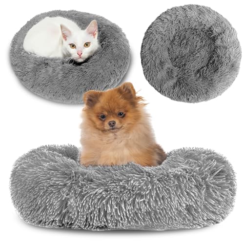 Amazinggirl Hundebett mittelgroße kleine Hunde ∅ 60 cm - Hundekissen rund Hundekorb flauschig Hundekörbchen Hellgrau von Amazinggirl