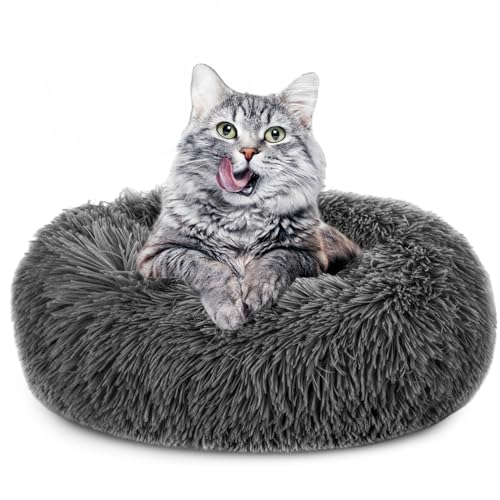 Amazinggirl Katzenbett flauschig ∅ 80 cm - Katzenkorb Katzenkissen Katzen Bett Katzenkörbchen Rund cat Bed Dunkelgrau von Amazinggirl