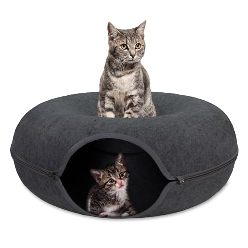 Katzenbett Katzenhöhle Filz - Katzentunnel als Katzen Bett Cat Bed Höhle, Bettchen oder Tunnel als Schlafplatz oder Cat House Kuschelhöhle Spieltunnel Katzendonut dunkelgrau von Amazinggirl